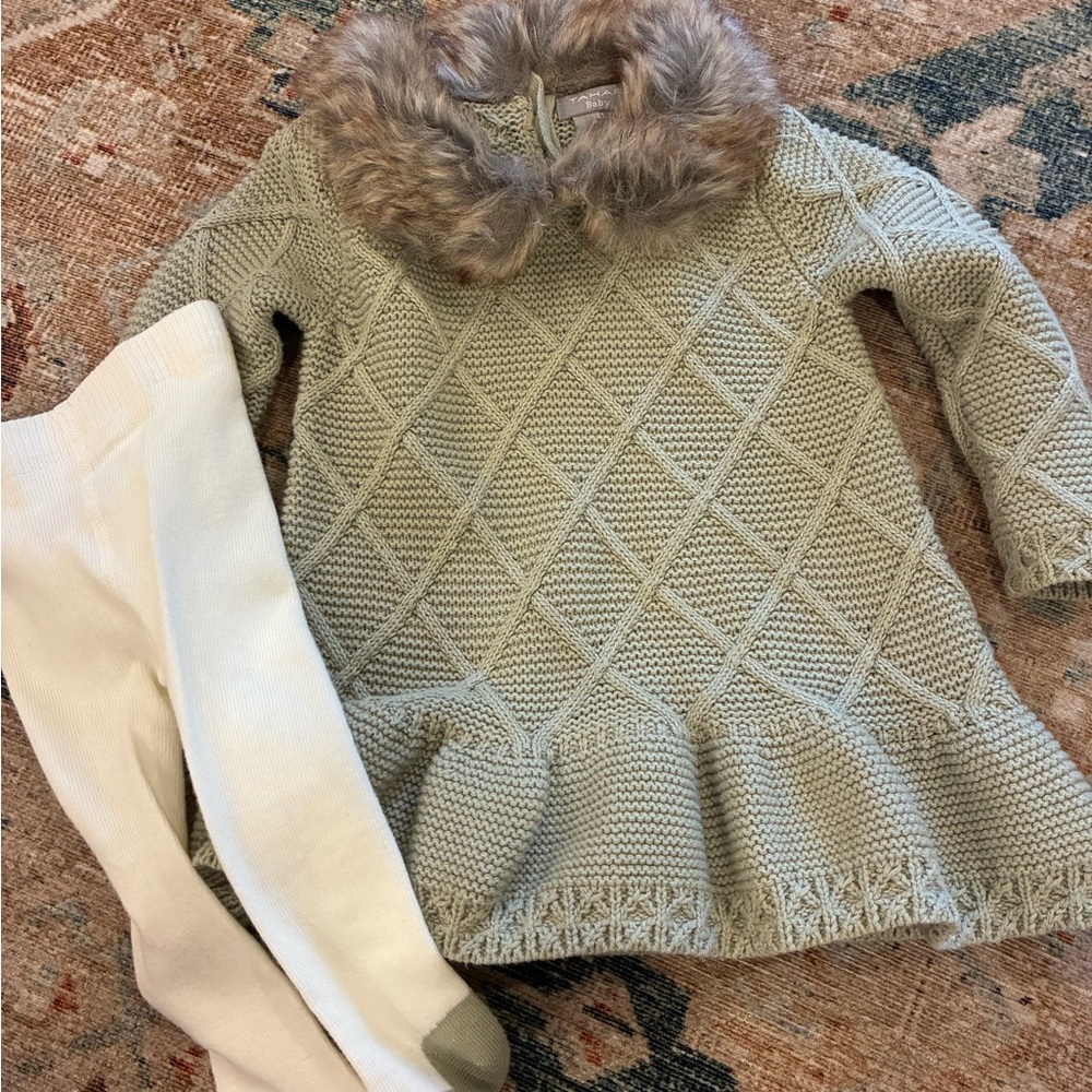 Tahari Baby Green Knit Dress with Fur Collar 6 9 Month